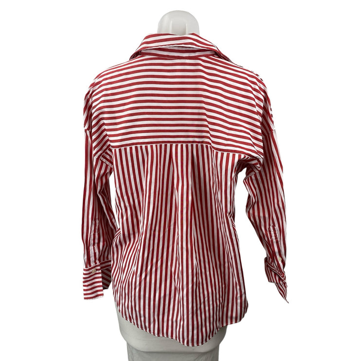 Zara Womens White Red Stripe Collar Long Sleeve Button Down Shirt Blouse Top XS
