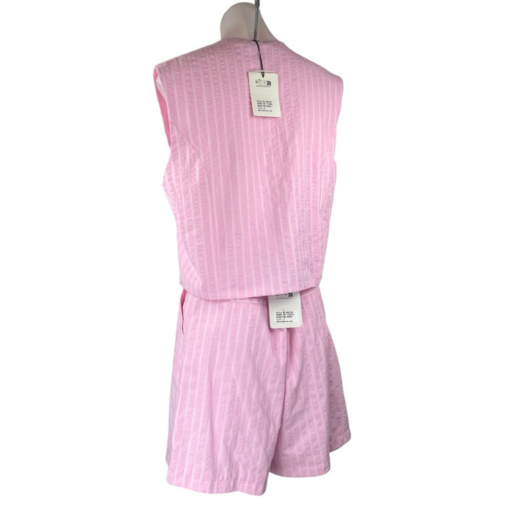 NEW Glamorous Pink White Striped Sleeveless Button Up Vest Top Shorts Set Sz 10