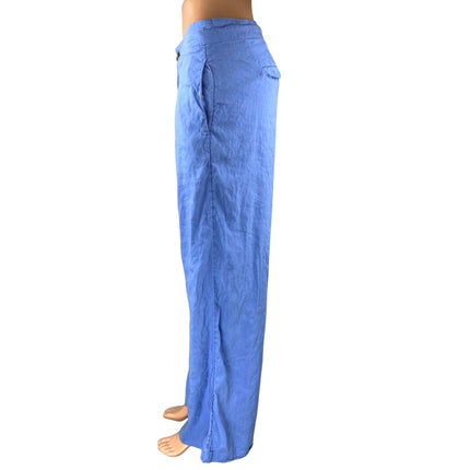Halston Women's Blue Linen Pleated High Rise Wide Leg Trousers Pants Size 10