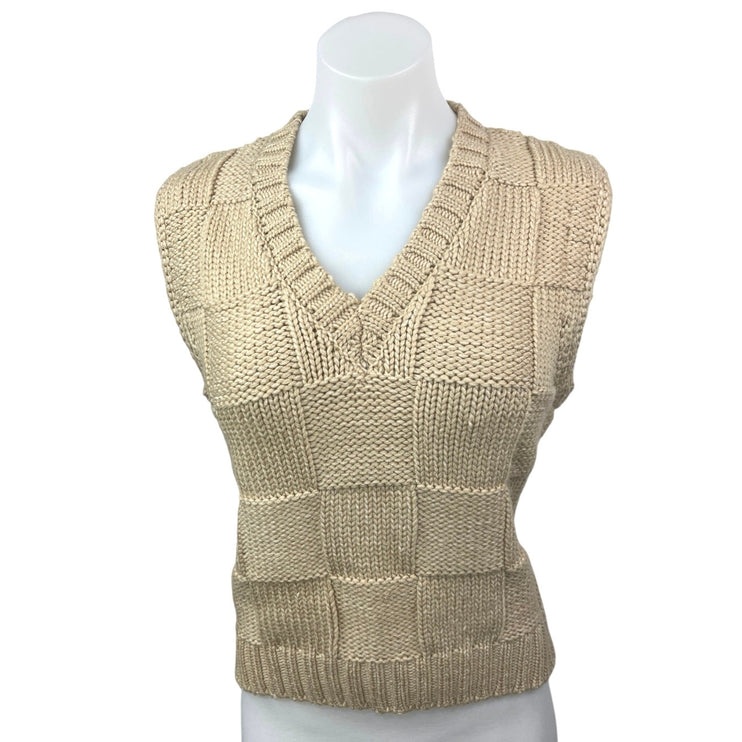 All Row Beige V-neck Checkered Plaid Crochet Knitted Sweater Vest Tank Top Sz S