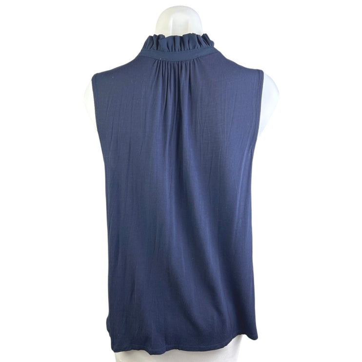 LOFT Women's Blue Sleeveless Ruffle High Neck Button Shirt Blouse Top Size S