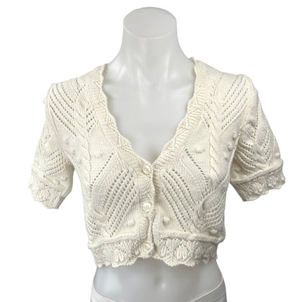 Zara Women's Cream Crochet Cable Knit Short Sleeve Button Down Crop Top Size S