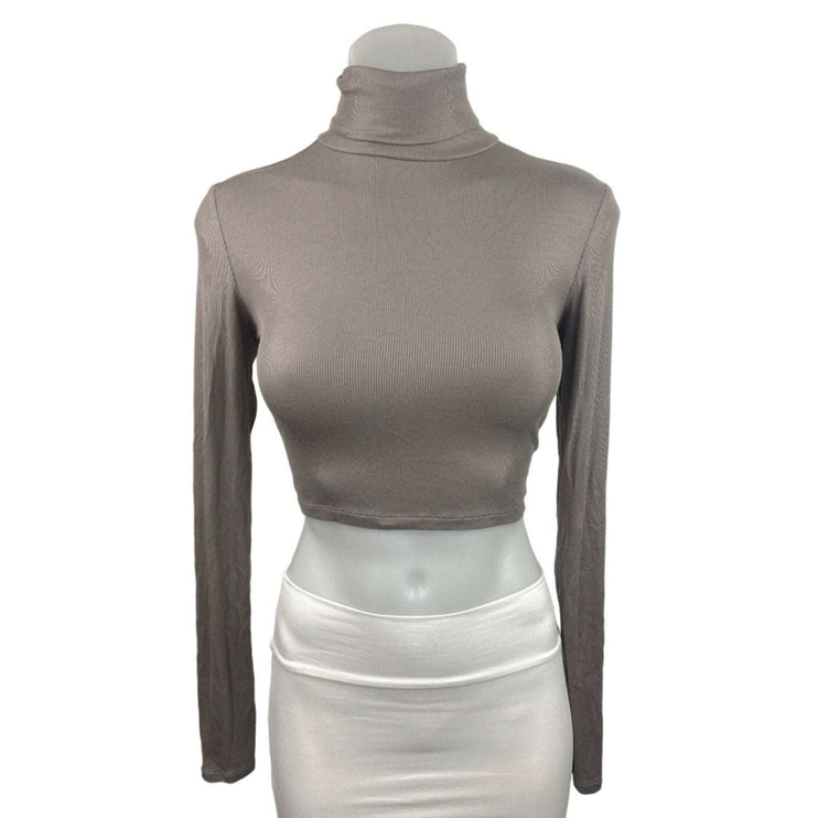 Aritzia Sunday Best Taupe Gray Ribbed Knit Long Sleeve Turtleneck Crop Sweater Top Sz S