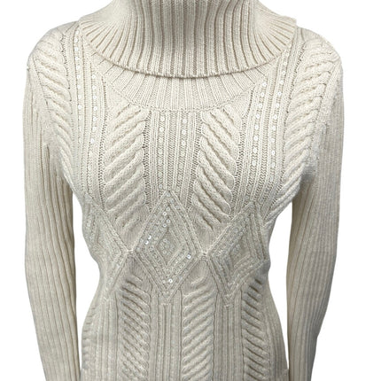 Talbots White Cable Knit Sequin Turtleneck Long Sleeve Pullover Sweater Top M