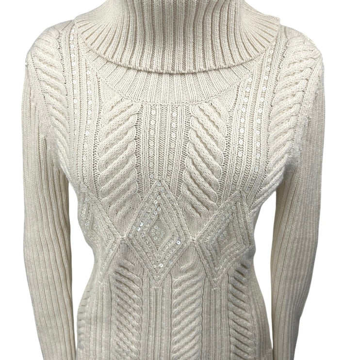 Talbots White Cable Knit Sequin Turtleneck Long Sleeve Pullover Sweater Top M