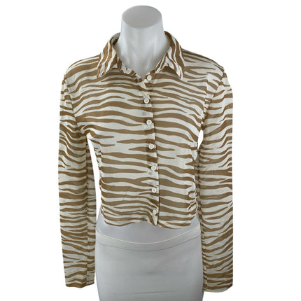 Forever 21 Beige Tan Zebra Animal Print Long Sleeve Button Up Crop Shirt Top M