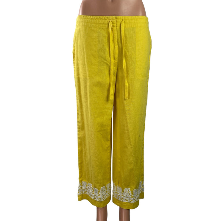 NEW Talbots Women's Yellow Linen Embroidered Wide Leg Trousers Pants Size 6