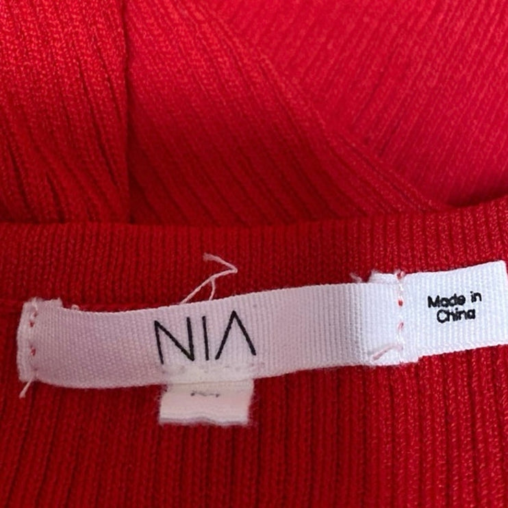 NIA Marais Red Ribbed Knit One Shoulder 3D Floral Sleeveless Cami Blouse Top M
