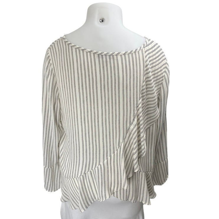 Ann Taylor LOFT White Striped Asymmetric Ruffle Long Sleeve Blouse Top Size XL
