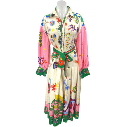 Women's Multicolor Graphic Long Balloon Sleeve Belted Maxi Shirt Dress Size XXL