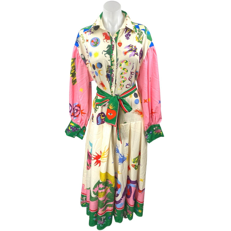 Women's Multicolor Graphic Long Balloon Sleeve Belted Maxi Shirt Dress Size XXL