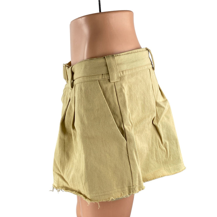 Lioness Women's Tan Belted Mid Waist Pleated Cutoff A Line Mini Skirt Size M