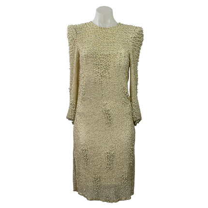 Vintage Judith Ann Creations Cream Silk Beaded Long Sleeve Mini Sheath Dress XS