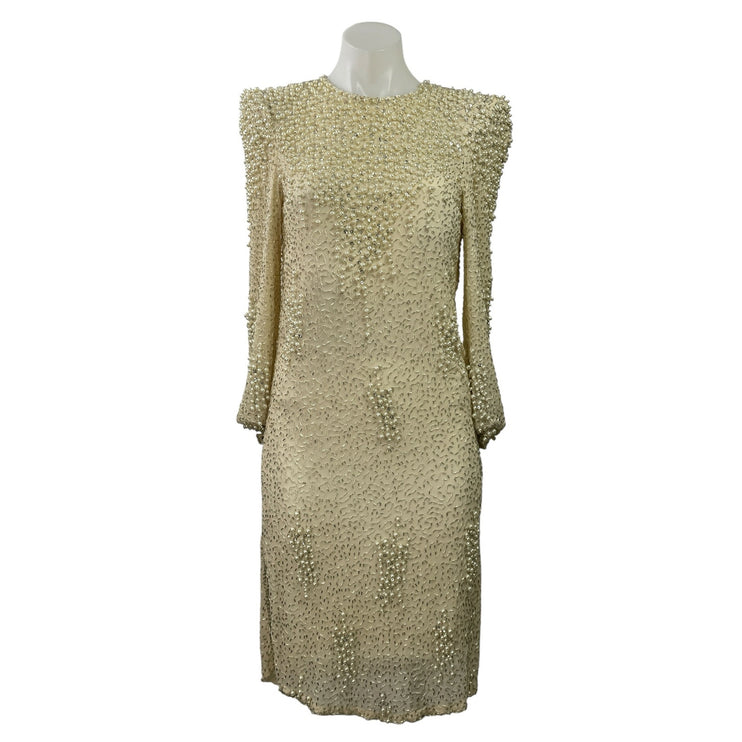 Vintage Judith Ann Creations Cream Silk Beaded Long Sleeve Mini Sheath Dress XS