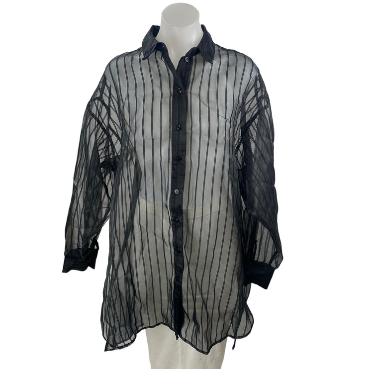 Topshop Women's Black Sheer Mesh Striped Long Sleeve Button Down Tunic Dress 4