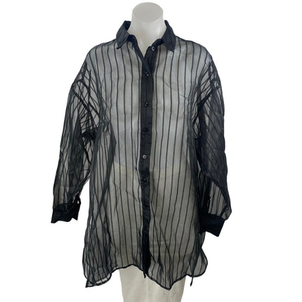 Topshop Women's Black Sheer Mesh Striped Long Sleeve Button Down Tunic Dress 4