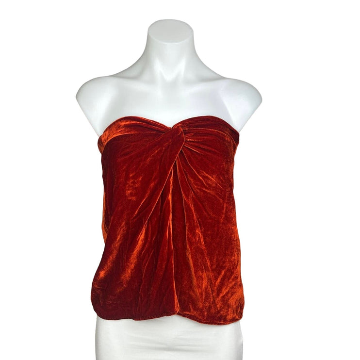 Reformation Women's Burnt Orange Velvet Twist Front Strapless Blouse Top Size 2