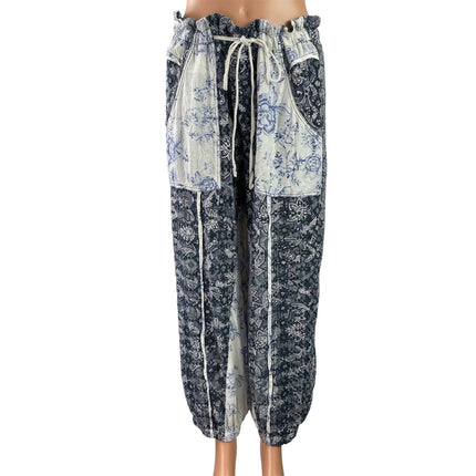 Free People Sweet It Is Blue Cream Floral Printed Tapered Harem Trouser Pants M