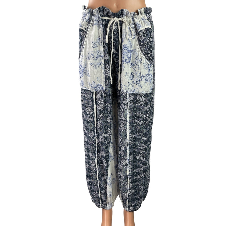 Free People Sweet It Is Blue Cream Floral Printed Tapered Harem Trouser Pants M