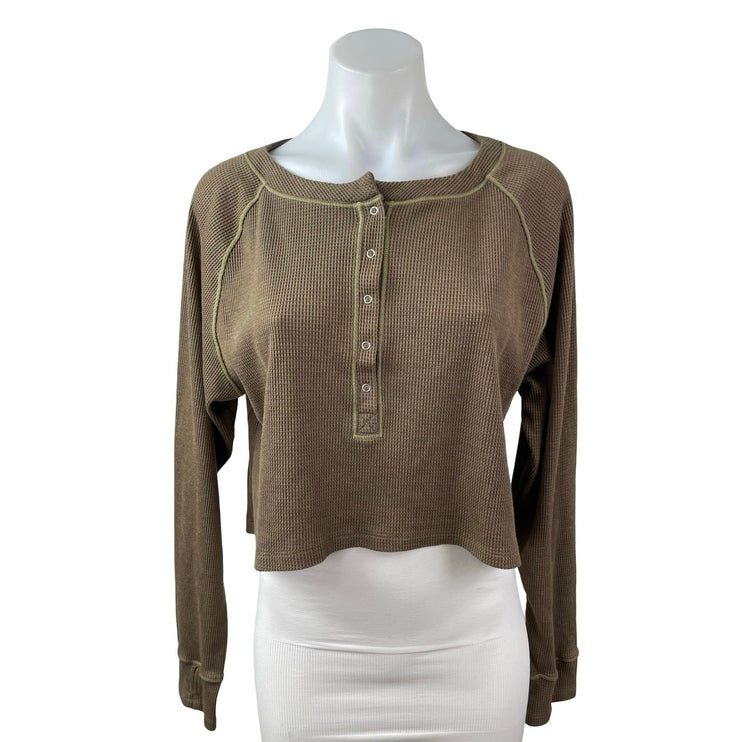 Free People Early Night Contrast Stitch Cropped Henley Waffle Knit Thermal Top L