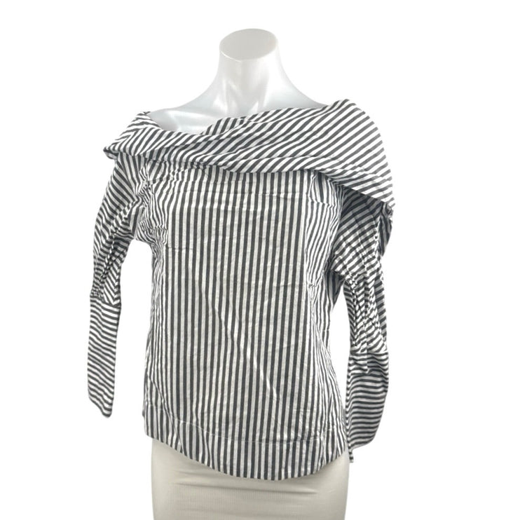 Topshop Women's Black White Striped Long Sleeve Boat Neck Collar Blouse Top 6