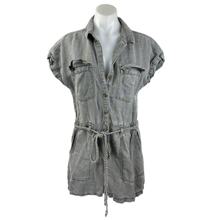 Nicole Miller Women's Gray Short Sleeve Collar Button Up Tie Jumpsuit Romper S