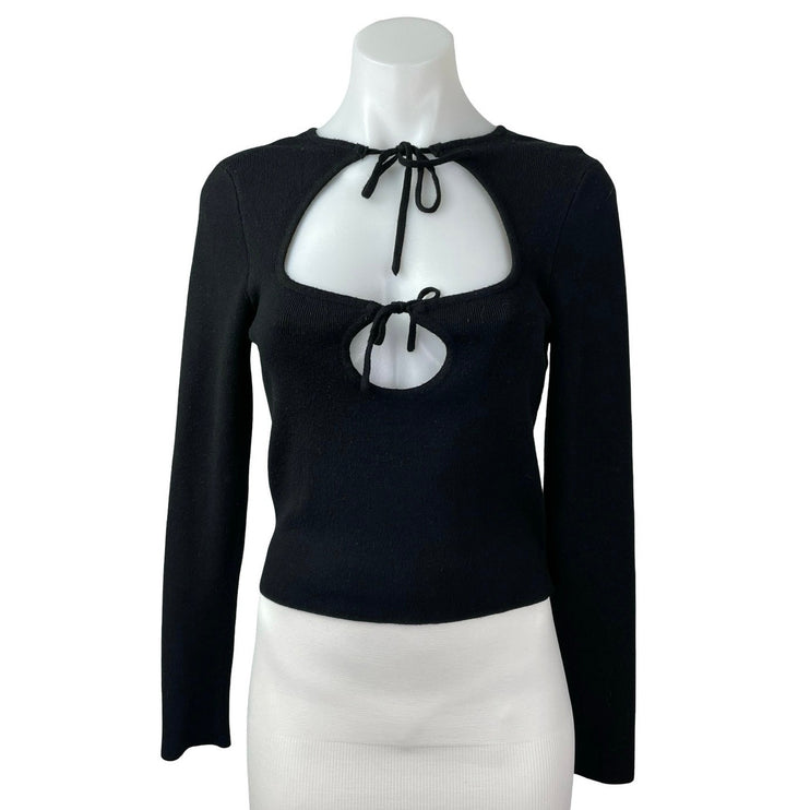 Majorelle Hailey Black Tie Front Cutout Ribbed Knit Long Sleeve Sweater Top Sz M