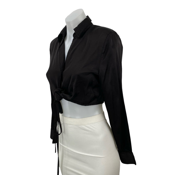 Zara Women's Black Long Sleeve Tie Hem V Neck Cropped Button Up Shirt Top Size M