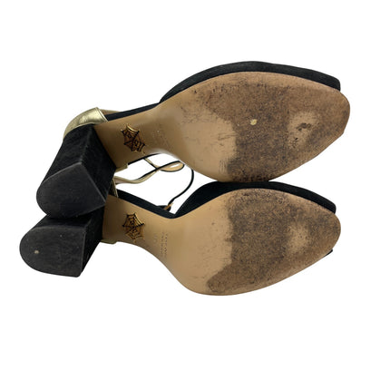 Vero Cuoio Black Gold Peep Toe Block Heels Sling Back Platform Sandals 39.5 US 8
