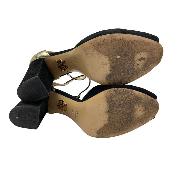 Vero Cuoio Black Gold Peep Toe Block Heels Sling Back Platform Sandals 39.5 US 8