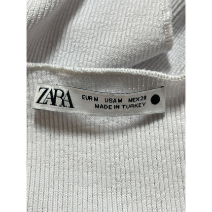 Zara Women's White Short Drop Sleeve Deep V Neck Boxy Knit T Shirt Tee Top Sz M