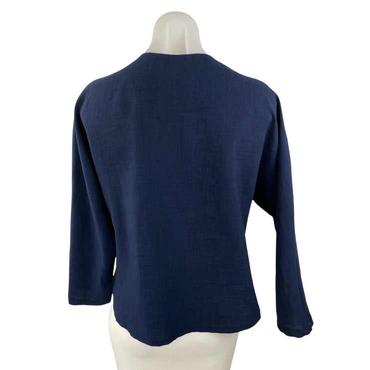 OFB Womens Navy Blue Linen Long Sleeve Asymmetrical Full Zip Moto Coat Jacket S