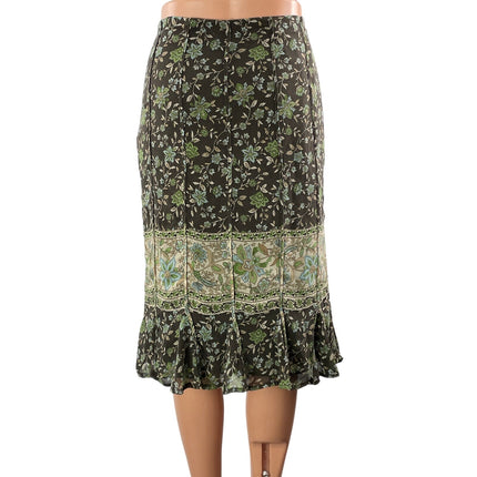 Jones New York 100% Silk Green Floral High Waist Ruffle Midi Pencil Skirt Sz 12
