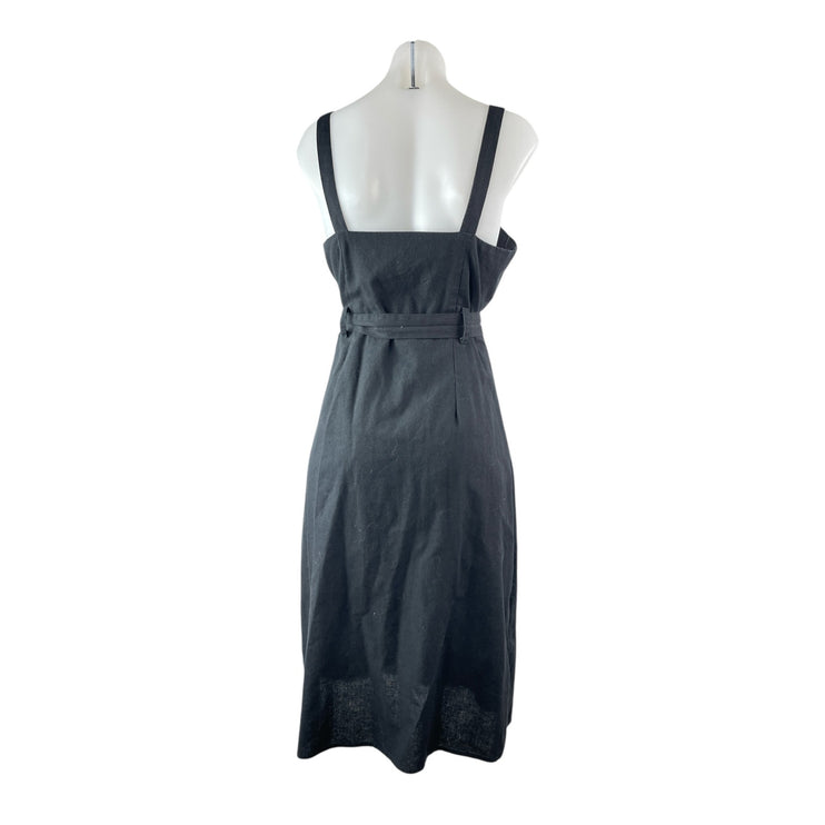 Hyfve Womens Black Linen Sleeveless Button Down Tie Waist A Line Midi Dress Sz M