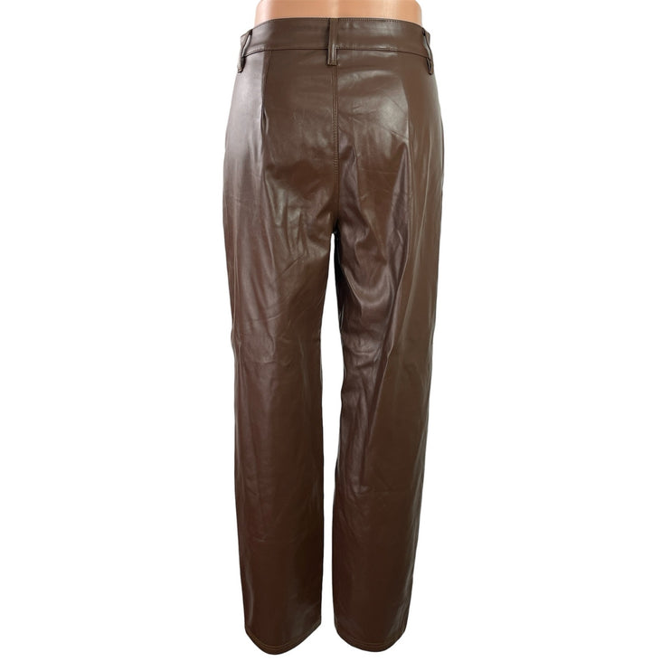 Myoursa Womens Brown Faux Leather Vegan High Rise Wide Leg Trousers Pants Size S
