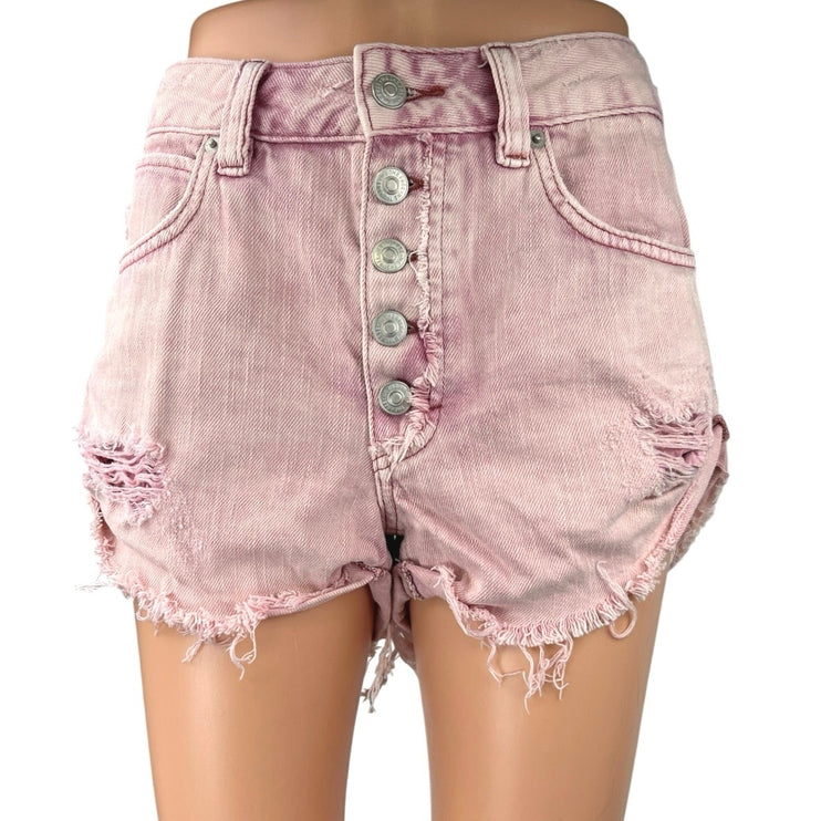 Free People Pink Button Fly Mid Rise Distressed Cut Off Denim Jeans Shorts 27