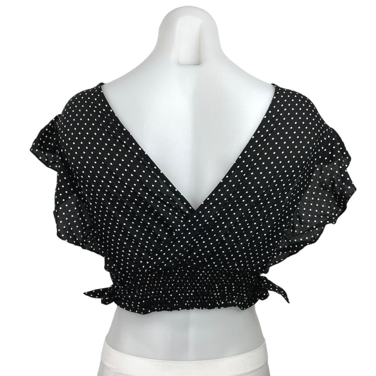 Free People Black White Polka Dots Ruffle Flutter Sleeve V Neck Cropped Top Sz S