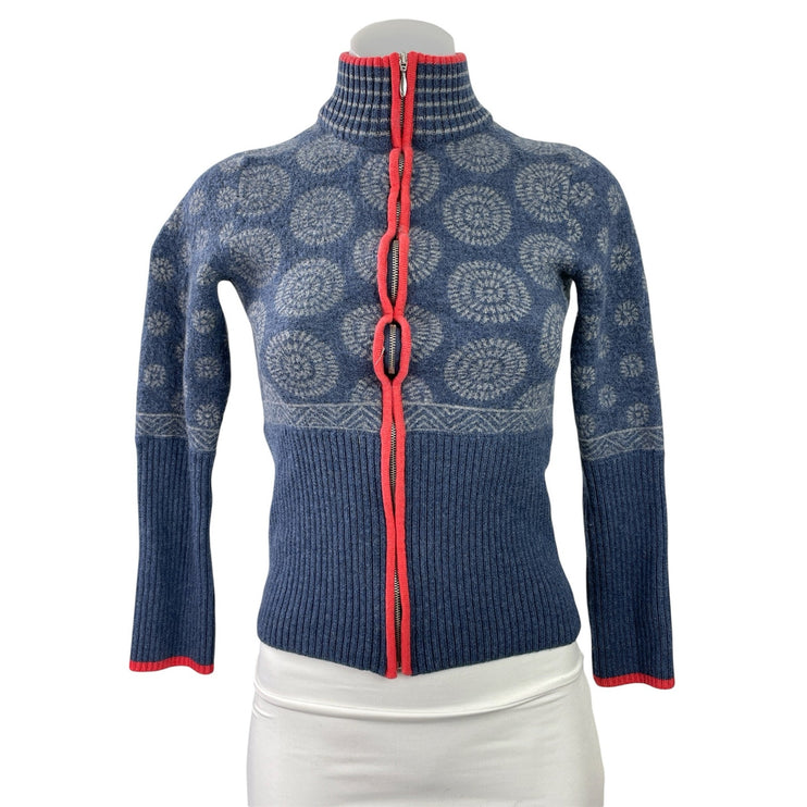 Krimson Klover Women's Blue Wool Full Zip Long Sleeve Turtleneck Sweater Top L