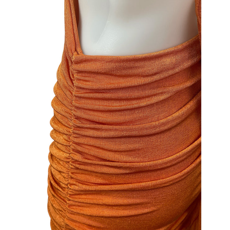 Tiger Mist Coral Strapless Tube Bandeau Cutout Tie Ruched Mini Bodycon Dress M