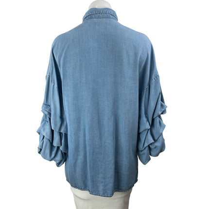 Zara Women's Blue Long Sleeve Ruched Denim Jean Button Down Shirt Top Size M