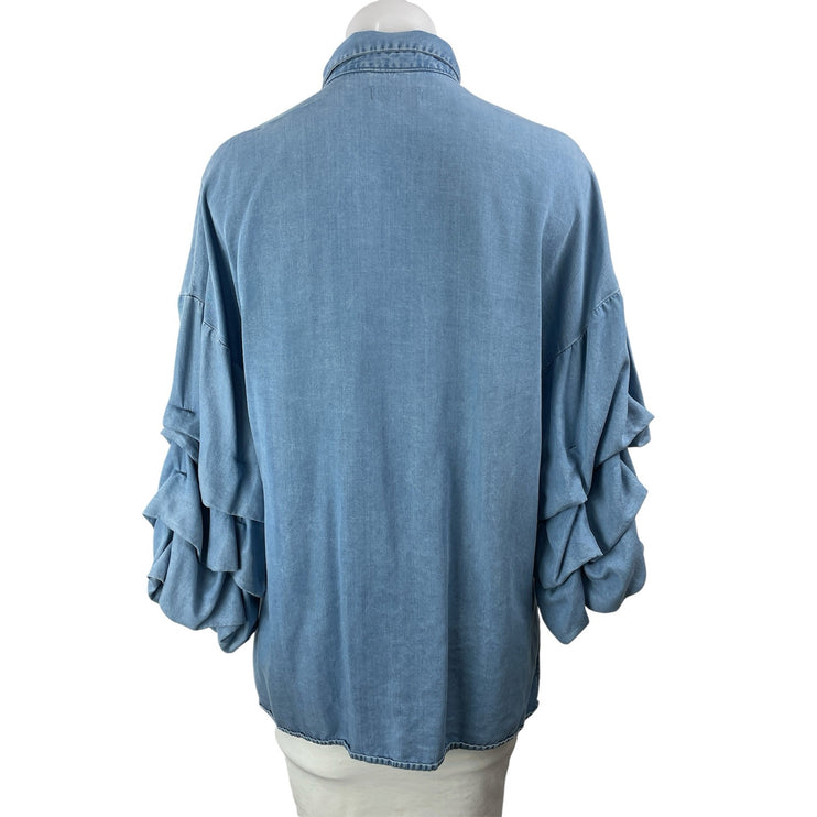 Zara Women's Blue Long Sleeve Ruched Denim Jean Button Down Shirt Top Size M