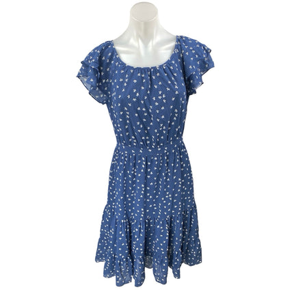 J.Crew Blue Floral Short Flutter Sleeve Ruffle Tiered Zip Midi A Line Dress Sz 4
