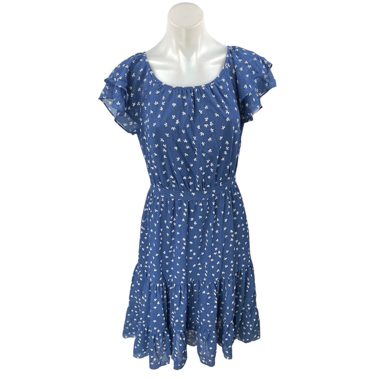 J.Crew Blue Floral Short Flutter Sleeve Ruffle Tiered Zip Midi A Line Dress Sz 4