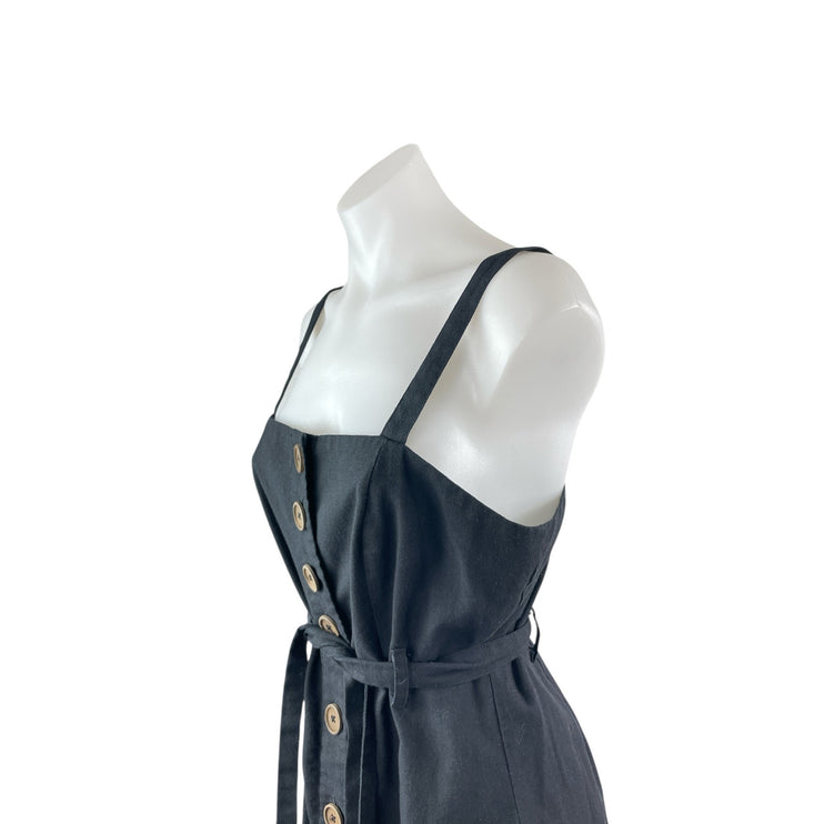 Hyfve Womens Black Linen Sleeveless Button Down Tie Waist A Line Midi Dress Sz M