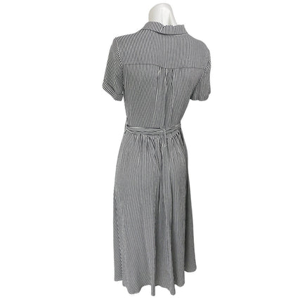 Monoprix Black White Striped Short Sleeve Belted Button Down Midi Shirt Dress 4