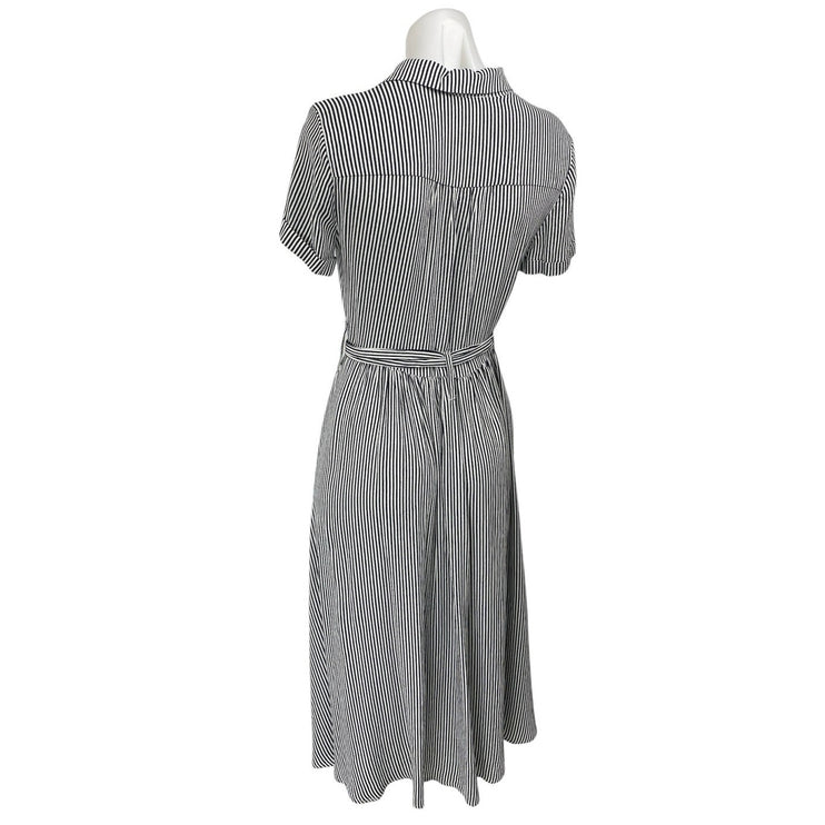 Monoprix Black White Striped Short Sleeve Belted Button Down Midi Shirt Dress 4