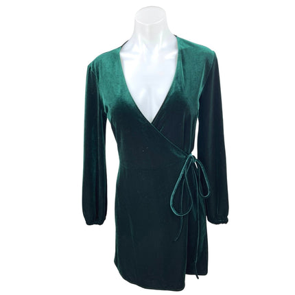 Zara Green Velvet Velour V-neck Long Sleeve Mini Fit & Flare Wrap Dress Size S