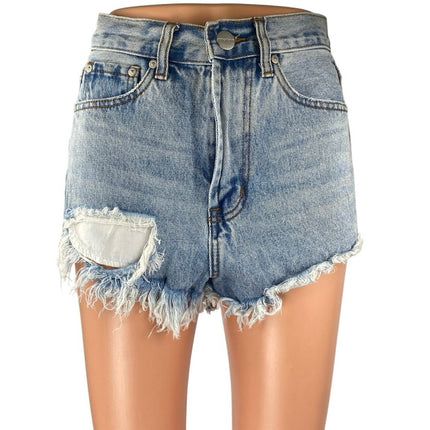 Superdown Womens Blue Distressed Frayed Raw Hem High Waist Denim Jeans Shorts 26