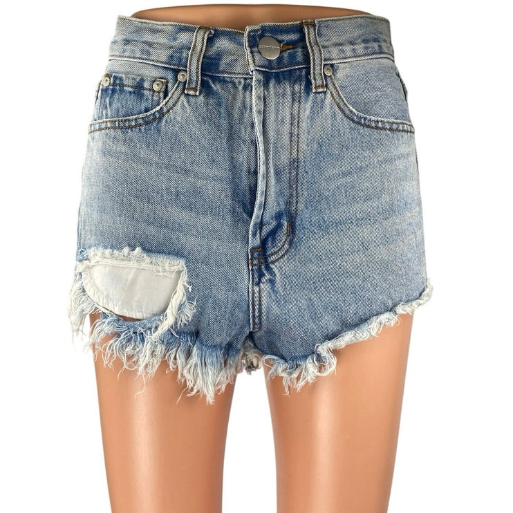 Superdown Womens Blue Distressed Frayed Raw Hem High Waist Denim Jeans Shorts 26