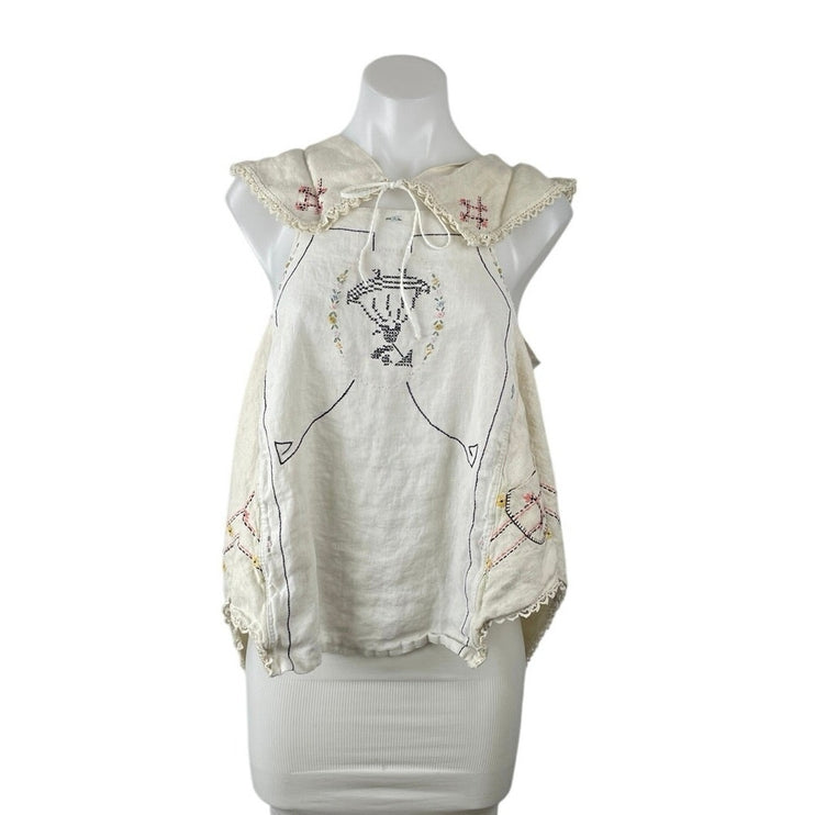 Joshua Michael Women's Beige Collared Sleeveless Embroidered Blouse Top Size S